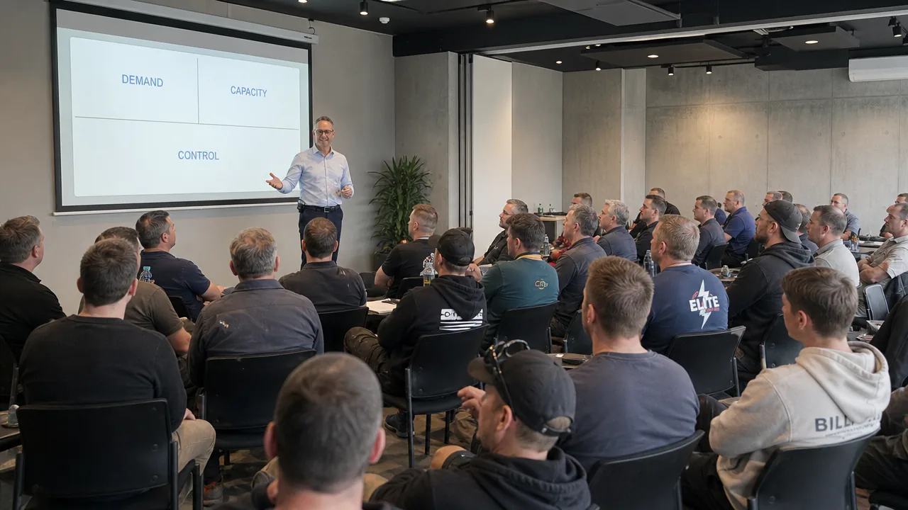 Peter Wesley teaching Demand, Capacity and Control to a room of trade contractors